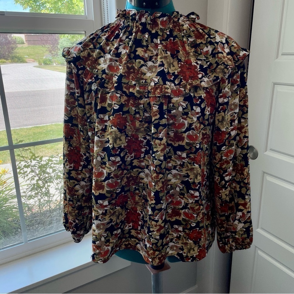 THML Navy Blue Brown Floral Print High Neck Ruffle Long Sleeve Blouse
